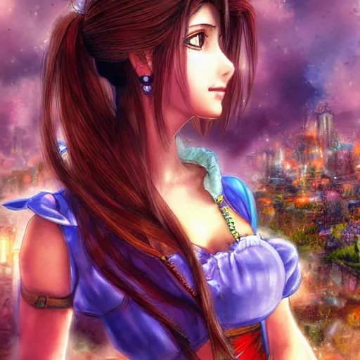 Prompt: a dreamy colorful drawing of aerith gainsborough from from final fantasy 7 with the steam punk city midgard as backdrop by master artist yoshitaka amano