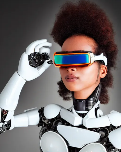 Prompt: centered portrait of soulful young shari headly as a solarpunk mecha humanoid robotic parts wearing crystal goggles with bright led lights, real human face, pudica gesture bouguereau style, in white room, ultra - realistic and intricate, soft portrait shot 8 k