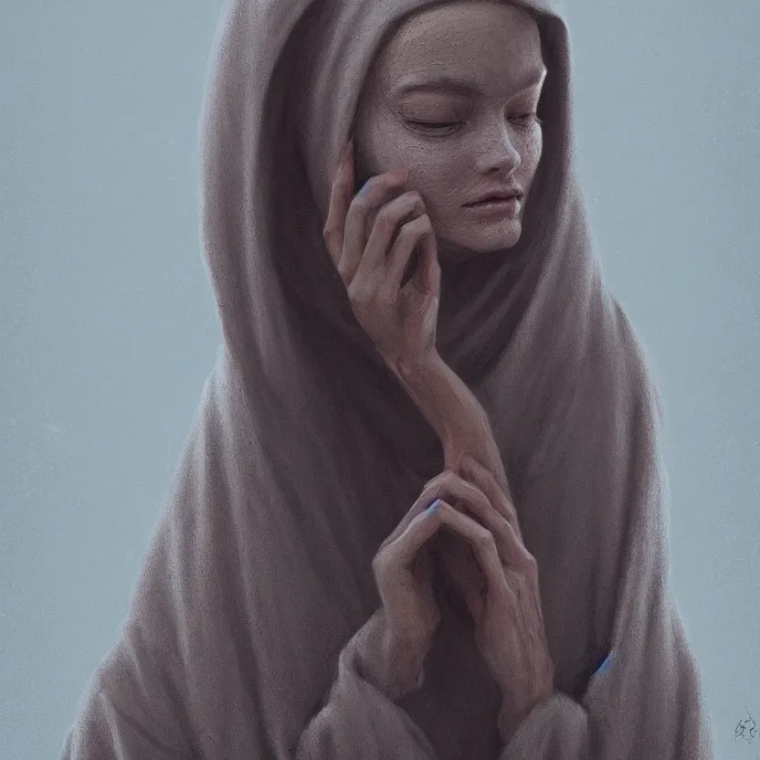 Image similar to Portrait of a young woman wearing a hooded robe, anatomically correct, perfect face, cinematic lighting, candid, intricate, elegant, highly detailed digital painting, trending on Artstation, concept art, smooth, sharp focus, illustration and art by Beksinski, by Simon Stalenhag