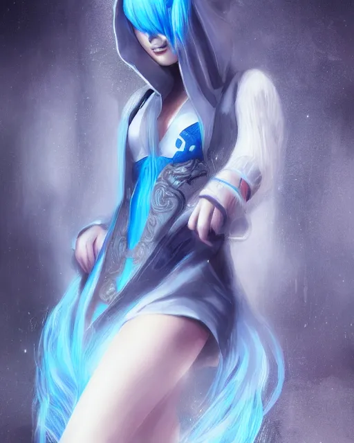 Image similar to A mysterious girl with hooded cobalt-blue eyes and silky white hair, guitar shape build, her wardrobe is attractive, full body, fantasy art, in the style of Fernando Juarez, illustration, epic art, fantasy, intricate, elgant, amazing detail, digital painting, artstation, concept art, smooth, sharp focus