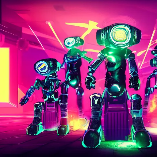 Image similar to album art, bandname is robo rock, font is rock style, rockband with 3 cyberpunk robots playing guitar and drums, 8 k, flourescent colors, halluzinogenic, multicolored, exaggerated detailed, front shot, 3 d render, octane