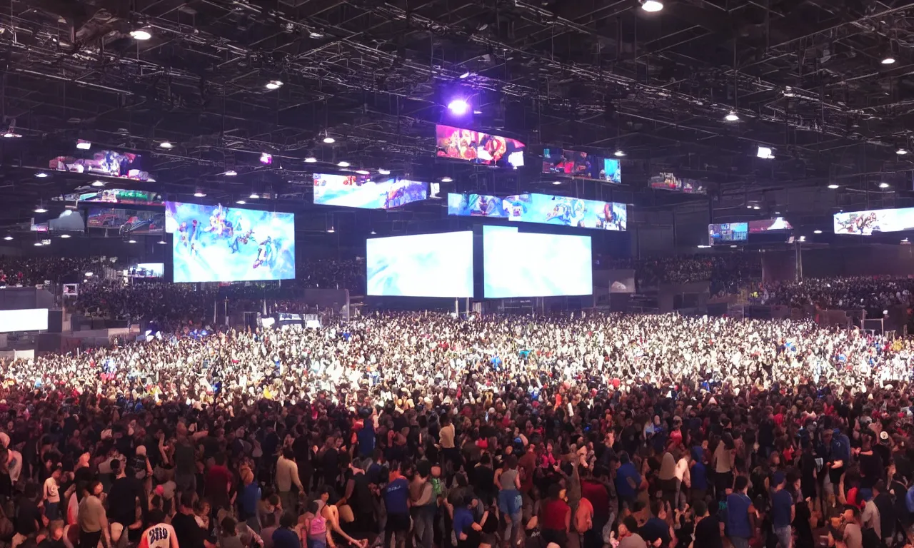 Prompt: huge expo center. arena style stage with massive projector screen displaying super smash bros with players underneath and a massive crowd. photorealistic.