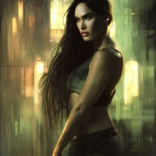 Image similar to megan fox, hyperrealistic portrait, bladerunner street, art of elysium by jeremy mann and alphonse mucha, fantasy art, photo realistic, dynamic lighting, artstation, poster, volumetric lighting, very detailed face, 4 k, award winning