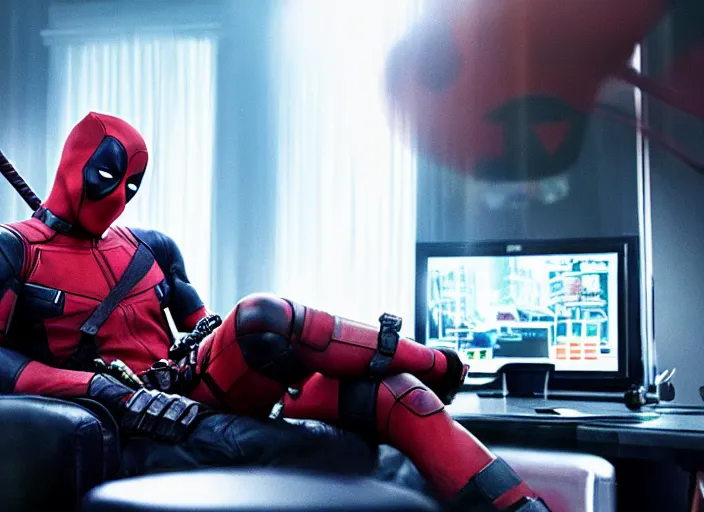 Image similar to film still of Deadpool working as a twitch streamer next to his RGB gaming PC in his neon lit bedroom in the new Deadpool movie, 4k