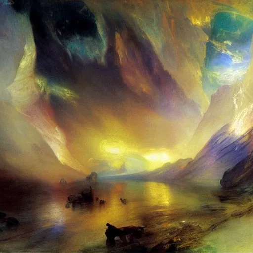 Prompt: political cartoon robust, atmospheric by thomas moran. conceptual art. paralyzed by the indescribable beauty of the cosmos.