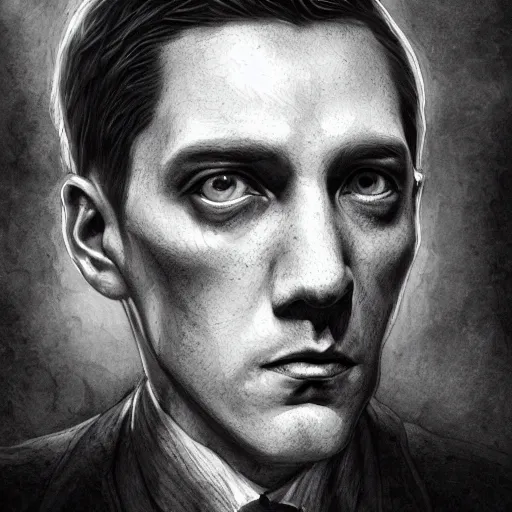 Prompt: h. p. lovecraft character portrait, lean face, cinematic lighting, glowing grey eyes, hyper - detailed, 4 k, high resolution, in the style of charlie bowater, tom bagshaw, single face, symmetrical, headshot photograph, insanely detailed and intricate, beautiful, elegant, watercolor, cinematic, portrait, raphaelite, headroom, pierre - auguste renoir