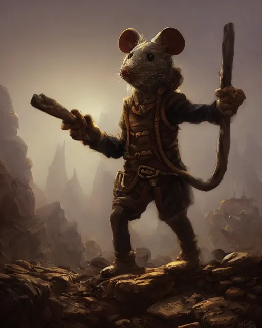 Prompt: oil painting of poor anthropomorphized mouse miner mining gold, pickaxe, close shot, full body, dark steampunk mine shaft background, sharp focus, fantasy style, octane render, volumetric lighting, 8k high definition, by greg rutkowski, highly detailed, trending on art Station, dungeons and dragons artwork, centered