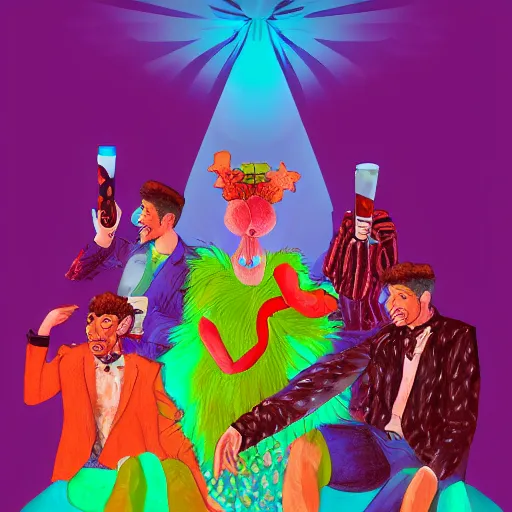 Prompt: young people in a fancy nightclub dancing and drinking, partylights, great colors, in the style of giuseppe arcimboldo, trending on artstation