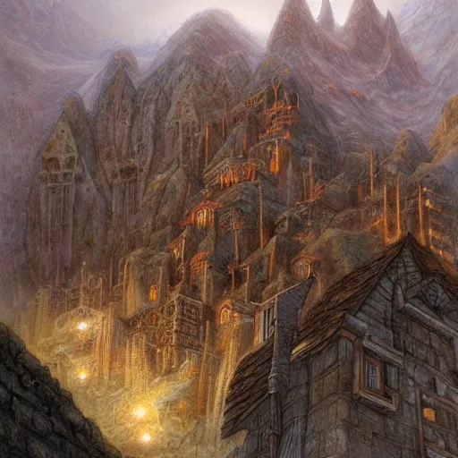 Image similar to a dwarven city in the mountains, by john howe