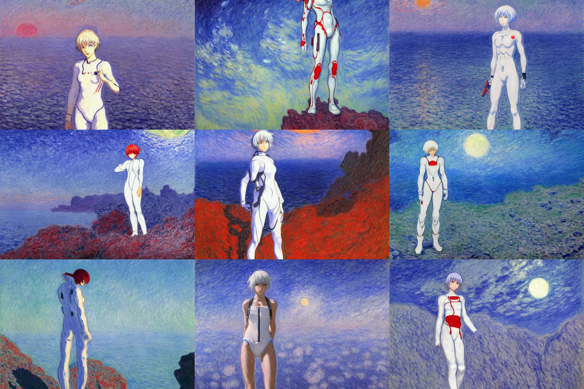 Prompt: rei ayanami wearing a white plugsuit in a rocky landscape with red sea. bloodstained moon in the sky, moonlight, beautiful painting by claude monet, pastel colours, highly detailed textured 8k