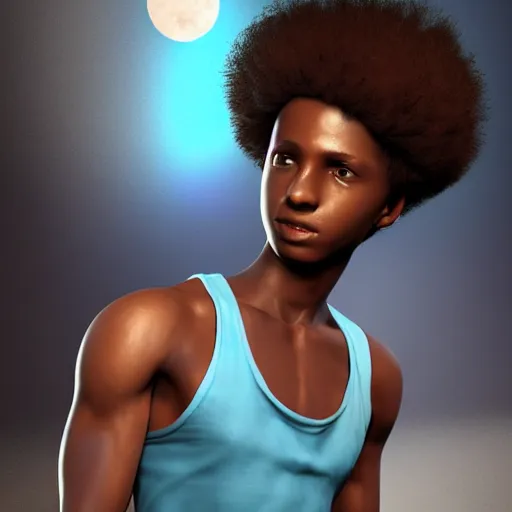 Prompt: [ african 1 4 year old male teen ]! with an [ [ afro ]!, white tank top, and blue jeans ]!, matte painting!, afrofuturism! art style, trending on [ artstation ], award winning, intricate, [ full - body ]!, cgsociety contest winner, zbrush!, 3 d render