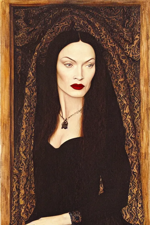 Image similar to portrait of megan fox as morticia addams, oil painting by jan van eyck, northern renaissance art, oil on canvas, wet - on - wet technique, realistic, expressive emotions, intricate textures, illusionistic detail