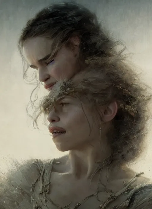 Image similar to mischievous emilia clarke, happy, detailed, by gaston bussiere, bayard wu, greg rutkowski, giger, maxim verehin, greg rutkowski, masterpiece, sharp focus, cinematic lightning