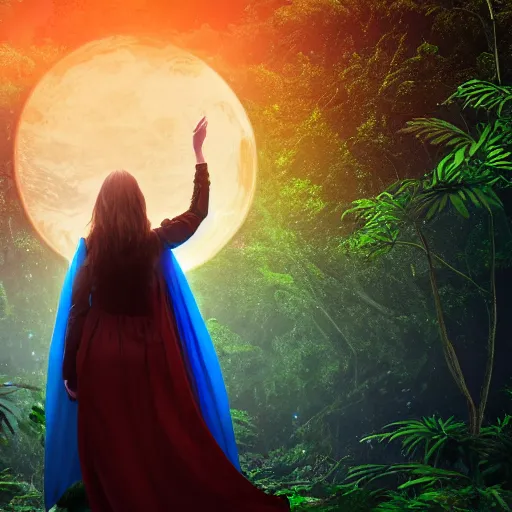 Prompt: high definition illustration of young mage woman with long blue cape, fire in outstretched hand, flowing brown hair, enjoying the view of a horizon of close planets in the sky, dense jungle, high definition, extremely detailed, 8 k, oled, beautiful lighting, shadows, reflections