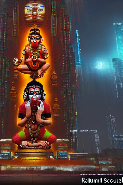 Image similar to high quality 3 d render cyberpunk mumbai!, kalighat hanuman!! head highly detailed, cinematic smooth unreal engine, lee madgwick, hard morning light, long shot, low angle, uhd 8 k, sharp focus