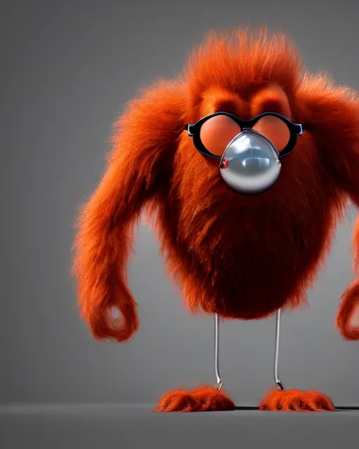 Image similar to 3 d render of completely red hairy friendly antropomorphic simple creature wearing chrome shades, without nose, full body, in the style of pixar, white background, unreal engine 5, octane render, highly detailed hdr