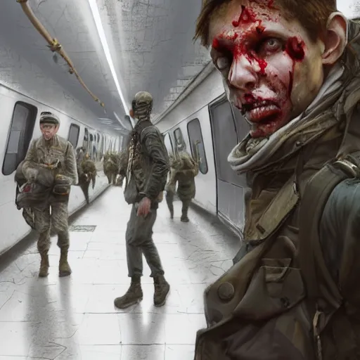 Image similar to an modern soldier in a new york subway in a zombie apocalypse, au naturel, hyper detailed, digital art, trending in artstation, cinematic lighting, studio quality, smooth render, unreal engine 5 rendered, octane rendered, art style by klimt and nixeu and ian sprigger and wlop and krenz cushart