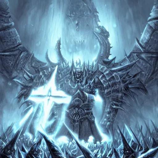 Image similar to vast ice dungeon, the lich king summoning a horde of undead warriors, warcraft, warcraft artwork, digital drawing, hyperrealistic, hyper detailed, dark fantasy, gritty