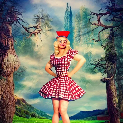 Prompt: giant alice in wonderland, pin up, houses, trees, mountains, woman, city, photo