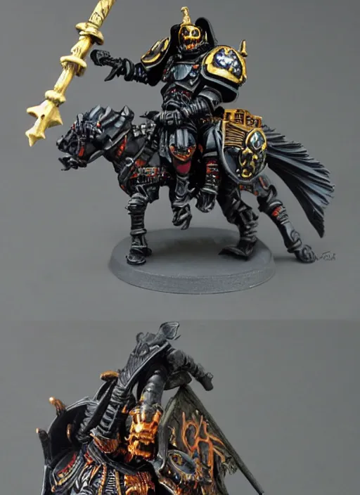 Image similar to 8 0 mm resin detailed miniature of a warhammer 4 0 k grim reaper, riding a black horse, bloody, product introduction photos, 4 k, full body,