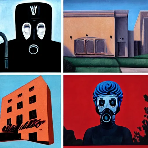 Prompt: painting of hollywood babylon, twin peaks, blue velvet, mulholland drive, gas mask, by paula rego, by magritte