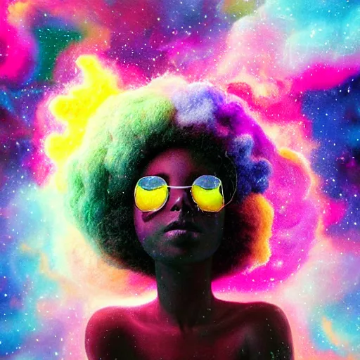 Image similar to a black girl with big beautiful eyes and a colorful afro sitting on a nebula cloud throne, bright colors, synthwave, watercolor, volumetric wool felting, felt, macro photography, children illustration, global illumination, radiant light, detailed and intricate environment, by goro fujita, bokeh!!!!