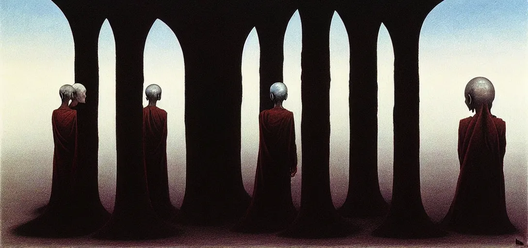 Image similar to dystopian surreal painting alien monks praying to a single eerie head statue surrounded by uneven buildings, artstyle by zdzisław beksinski and caravaggio