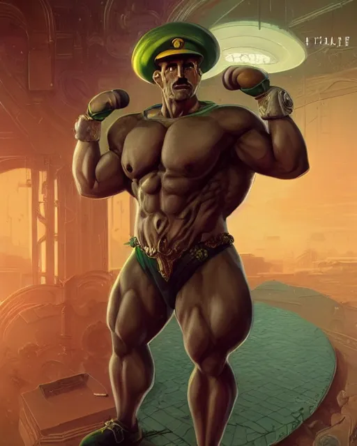 Prompt: luigi bodybuilder in a ensemble, ernest khalimov body by krista sudmalis, fantasy character portrait, ultra realistic, futuristic background by laurie greasley, concept art, intricate details, highly detailed by greg rutkowski, ilya kuvshinov, gaston bussiere, craig mullins, simon bisley