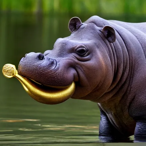 Image similar to a hippopotamus with a golden trophy in its mouth. photograph.