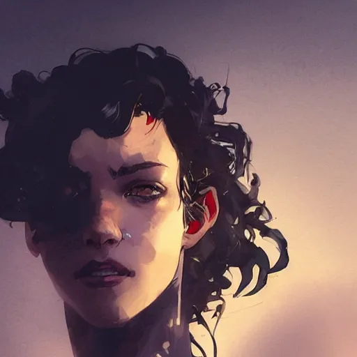 Image similar to a beautiful girl with short curly brown hair in a ponytail, a pointy chin, a sly smile, dramatic lighting, illustration by Greg rutkowski, yoji shinkawa, 4k, digital art, concept art, trending on artstation