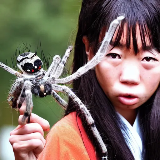 Image similar to National Geographic photo of angry japan school girl with spiders in her mouth