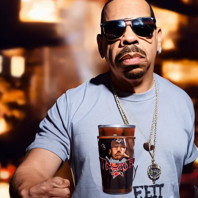 Image similar to a picture of ice - t rapper printed on the side of a mug full of iced tea, product showcase, studio lighting