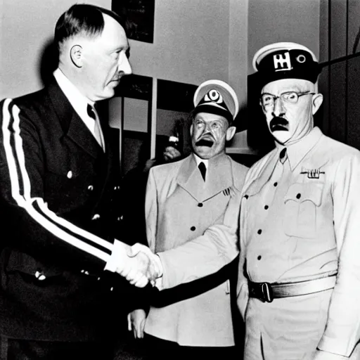 Image similar to adolf hitler shaking hands with walter white, black and white, cctv, over - the - shoulder shor