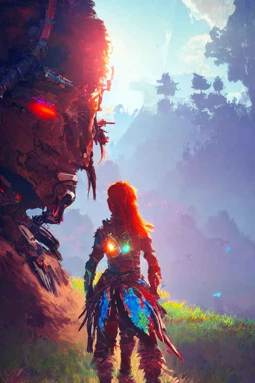 Image similar to combination suit armor aloy horizon forbidden west horizon zero dawn radiating a glowing aura global illumination ray tracing hdr fanart arstation by ian pesty and alena aenami artworks in 4 k tribal robot ninja mask helmet backpack