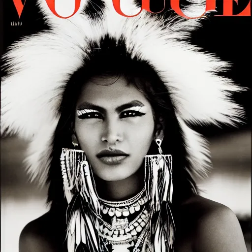 Image similar to a beautiful professional photograph by hamir sardar, herb ritts and ellen von unwerh for the cover of vogue magazine of an unusually handsome native male yanomami female fashion model looking at the camera in a flirtatious way, leica 5 0 mm f 1. 8 lens