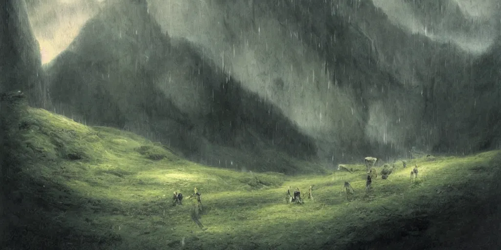 Image similar to A cave in a small meadow hill beaming light, raining, mountain behind meadow, menacing, illustration, detailed, smooth, soft, cold, by Adolf Lachman, Shaun Tan, Surrealism