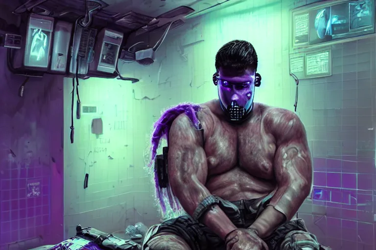 Prompt: Ultra realistic illustration, a hefty damaged cyberpunk male soldier cyborg with purple hair being patched up in a run down underground military medical bay with medical equipment hanging from ceiling, holographic display panels in background, rugged face, muscle body with battle scars, cyberpunk, soft purple neon lighting, sci-fi, fantasy, intricate, elegant, highly detailed, digital painting, artstation, concept art, smooth, sharp focus, illustration, dramatic lighting, art by Giger