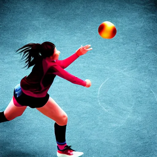 Image similar to one young woman playing handball in an arena, digital art, epic lighting