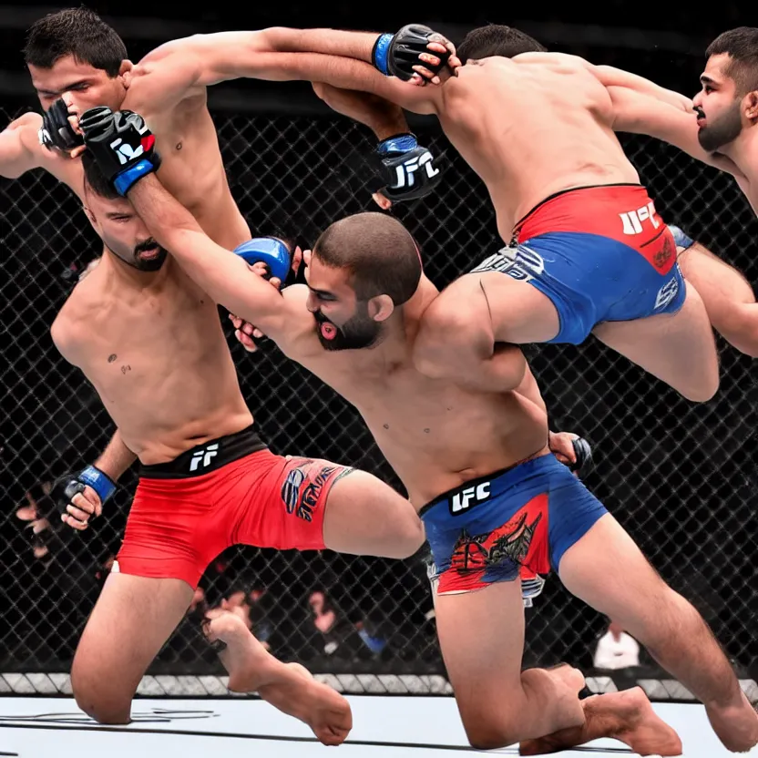 Prompt: ufc fight between rohit sharma & virat hohli in octagon, ultra realistic, highly detailed, zoomed out, canon 3 5 mm photography