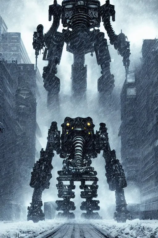 Image similar to magazine cover, cthulhu iron giant war mech with a huge rifle in tokyo city, lighting, alien invasion, modern buildings, winter landscape, snowstorm, establishing shot, metal texture, apocalypse, explosion scene, thick smoke, 8 k, super realistic, cinematic composition, by gustav dore