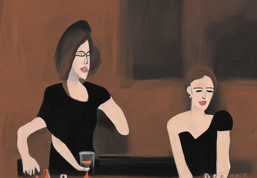 Image similar to a woman wearing a black dress sitting at a bar, digital art