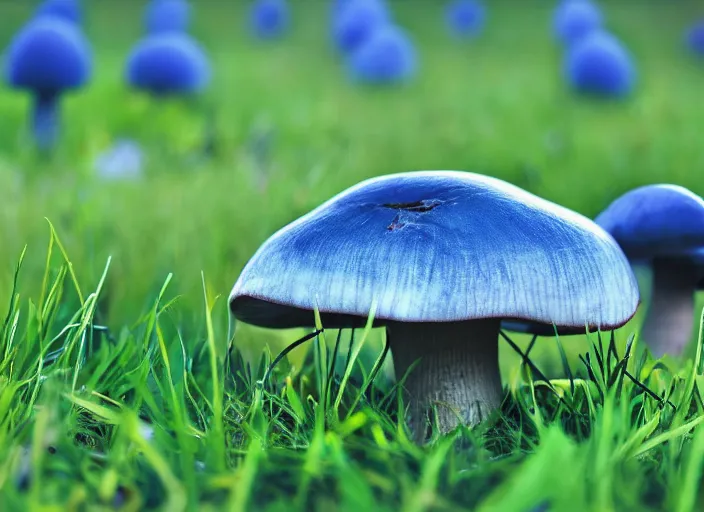 Image similar to a large blue mushroom in a field, photography, nature, 4 k, hd, depth of field