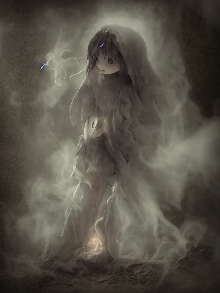 Prompt: cute fumo plush gothic angel maiden girl in hood ghost wraith making an apparition in an abandoned church, fallen angel, wisps of smoke and glowing volumetric fog, vignette, orthographic, vray