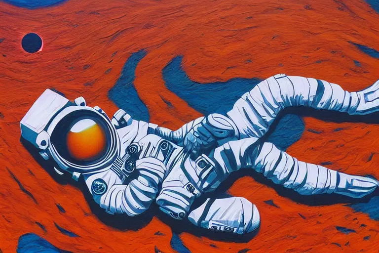 Image similar to an astronaut laying on mars in the style of flooko, acrylic art, detailed, moonlight,