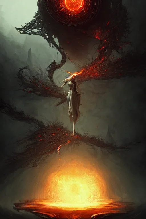 Image similar to Black Orb of Fire, digital art, fantasy, magic, trending on artstation, illustration by Seb McKinnon and Peter Mohrbacher, ultra detailed, atmospheric, powerful presence, bossfight, darksouls, grand finale