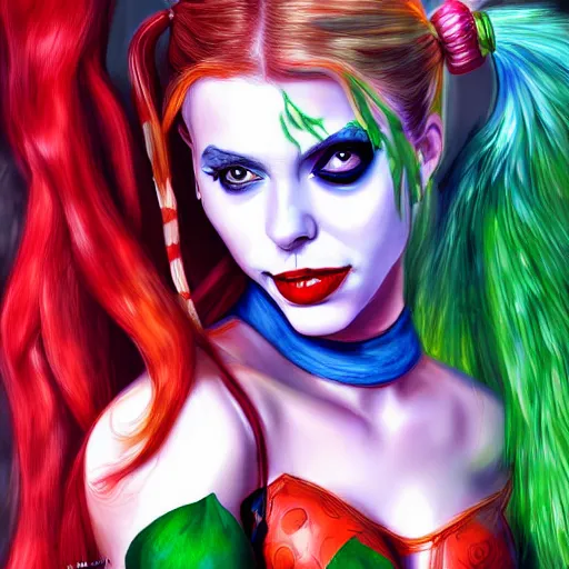 Image similar to harley quinn and poison ivy romance, hyper detailed masterpiece, digital art painting, realism aesthetic