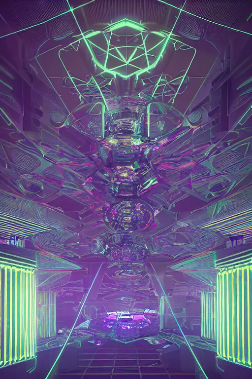 Prompt: a centered render of intricate modular synthesizer futuristic nightclub surrounded by ethereal lights and fractal geometry, cinematic, beautifully lit, by artgerm, by beeple, by karol bak, by donato giancola, by atelier olschinsky, 3 d, trending on artstation, octane render, 8 k