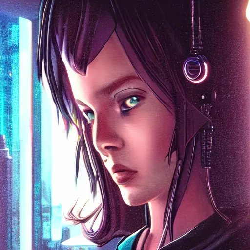 Prompt: portrait of cyberpunk woman looking out of a window, cyberpunk setting, futuristic, highly detailed, intricate lighting, digital painting, sharp focus, illustration, trending on artstation, art by akira toriyama.