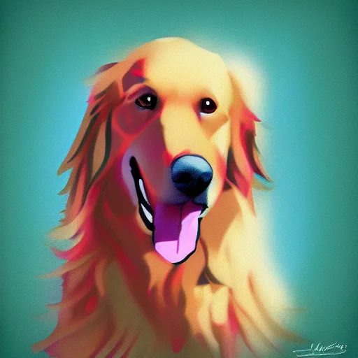 Image similar to a happy golden retriever, colorful digital painting, trending on artstation