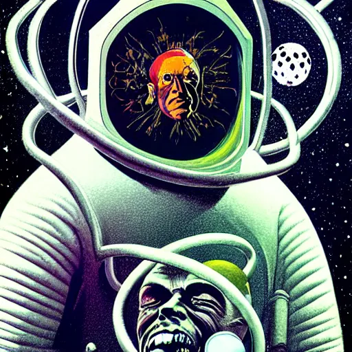 Image similar to graphic illustration, creative design, aleister crowley as an astronaut, biopunk, francis bacon, highly detailed, hunter s thompson, concept art